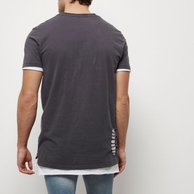 Grey distressed layered longline T-shirt